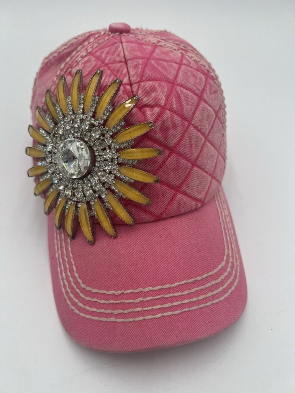 Olive & Pique Pink Baseball Cap Rhinestone Sunburst Enamel Adjustable Cotton Hat